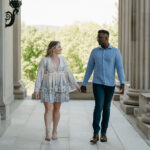 Romantic stroll during a Hyde Park engagement session at Vanderbilt Mansion